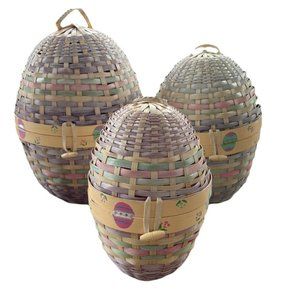 Set of 3 Stackable Wicker Egg Shaped Baskets